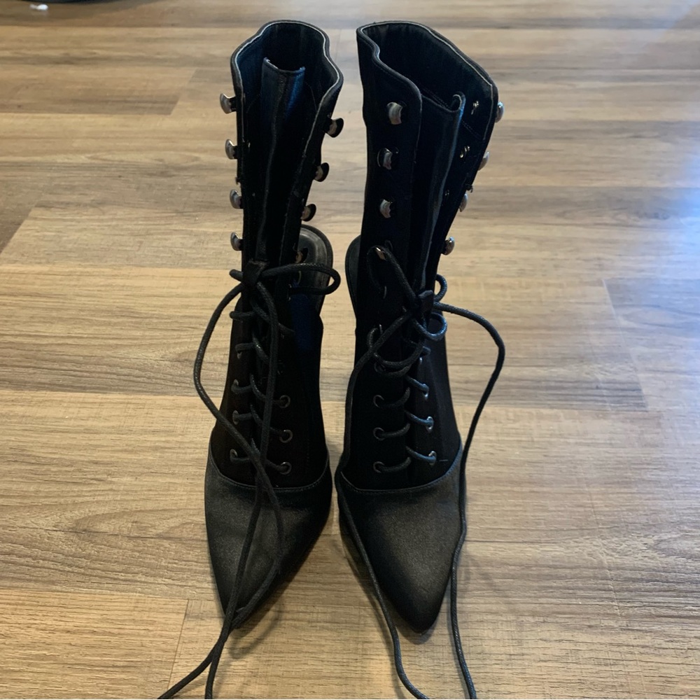 So Me Black satin Lace-Up Booties